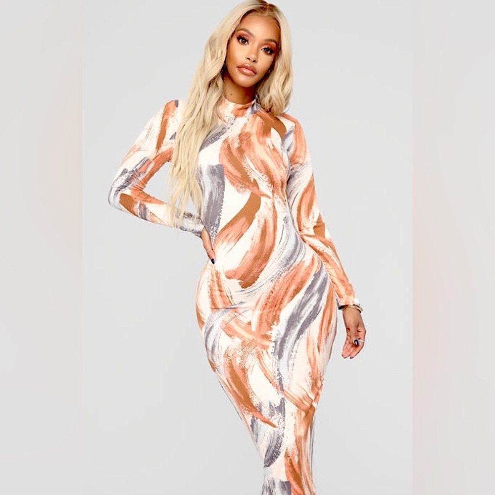 NWT Abstract Print Long Sleeve Midi Dress